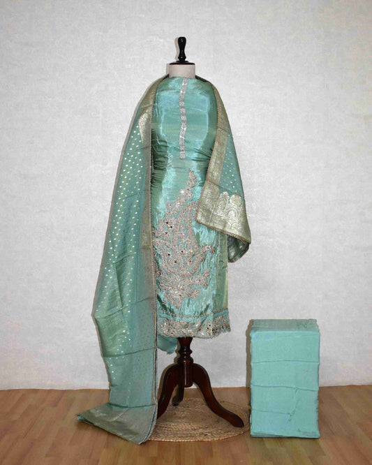 Blue Designer Suit Set with Intricate Paisley Embroidery & Banarasi Dupatta
