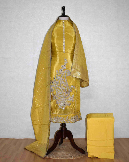 Sunflower Yellow Designer Suit Set with Intricate Paisley Embroidery & Banarasi Dupatta