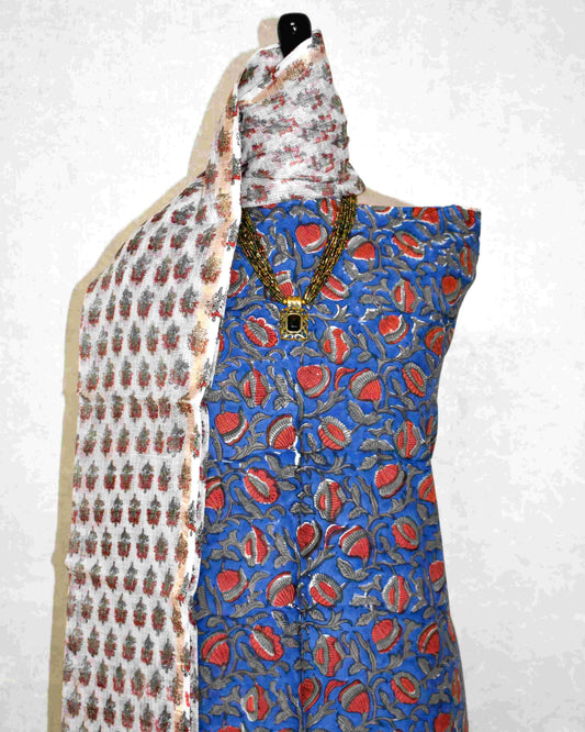 Ink Blue All-over Floral Jaal Hand Block Printed Cotton Suit With Kota Doria Dupatta