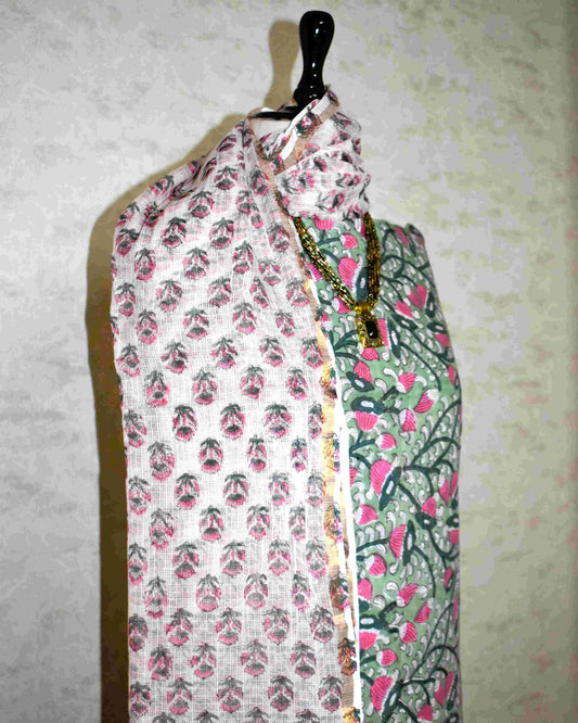 Mint Green with All-over Floral Jaal Hand Block Printed Cotton Suit With Kota Doria Dupatta