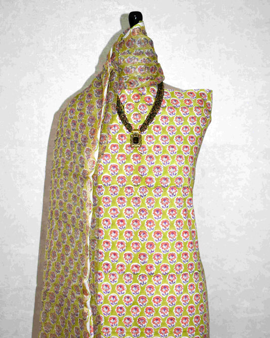 Green with All-over Floral Jaal Hand Block Printed Cotton Suit With Kota Doria Dupatta