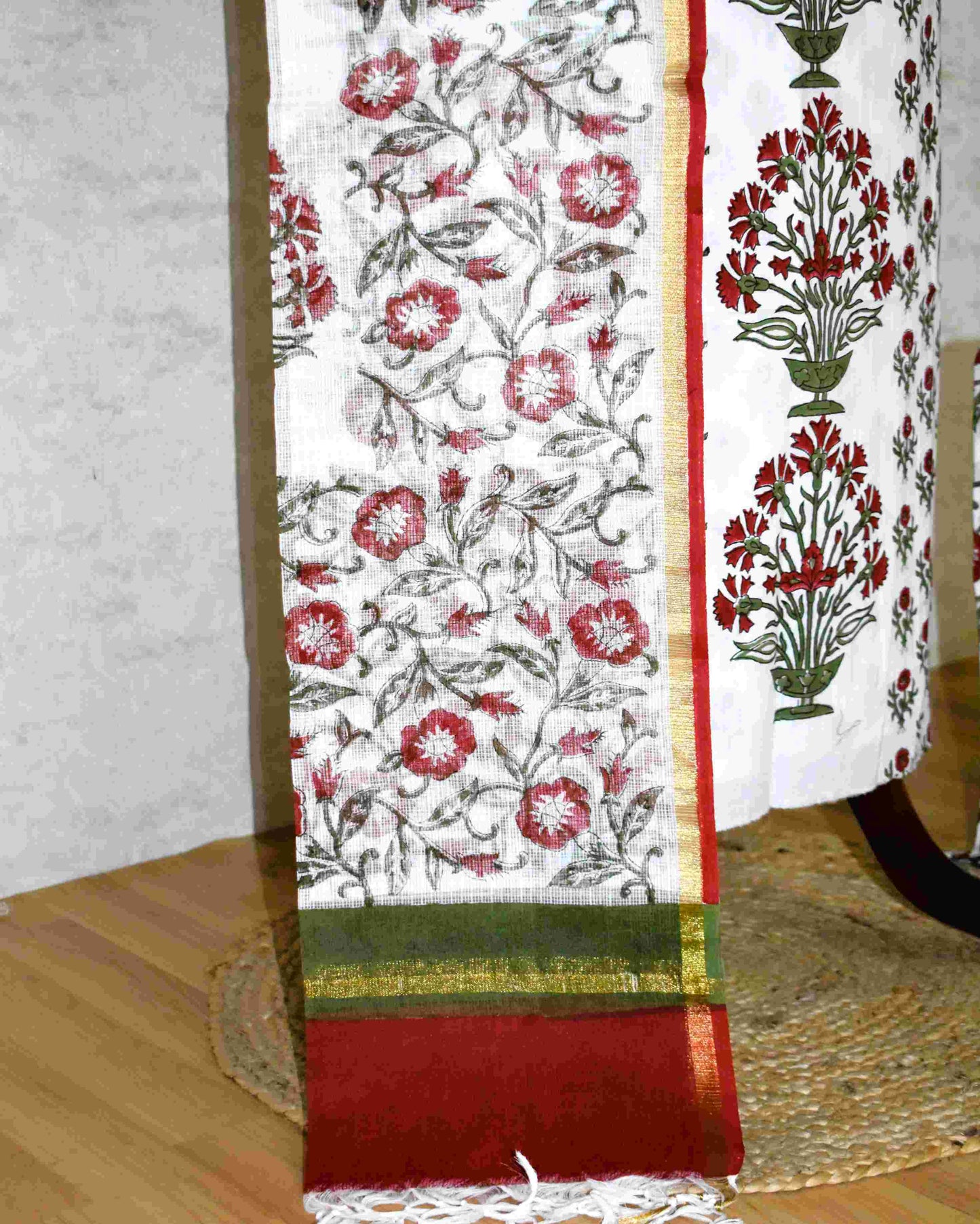 Hand Block Printed Premium Cotton Unstitched Suit with Red Floral Buta & Kota Doria Dupatta - Curated Edit