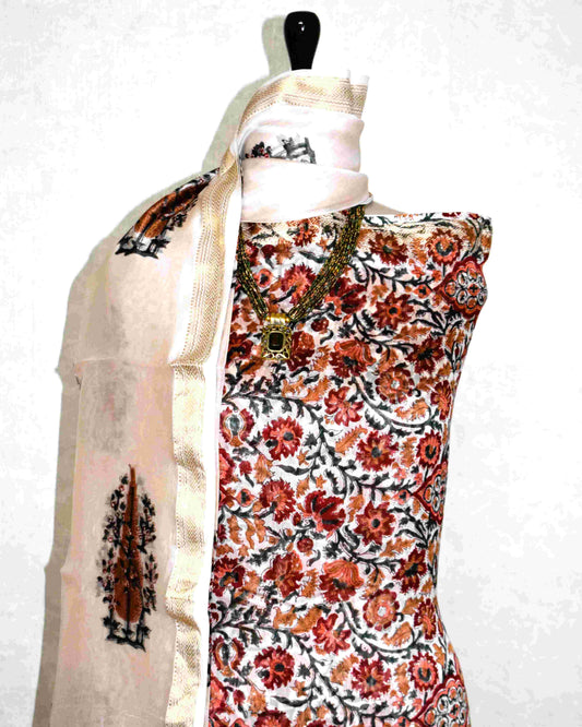 All-over Floral Jaal Hand Block Printed Maheshwari Silk Suit Set