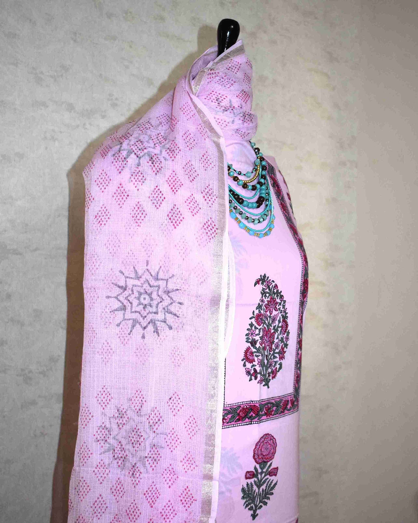 Pink Hand Block Printed Cotton Suit With Kota Doria Dupatta - Curated edit
