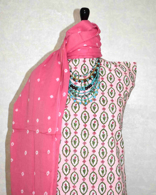 Peach Floral Hand Block All-over Printed Cotton Suit with Bandej Malmal Dupatta