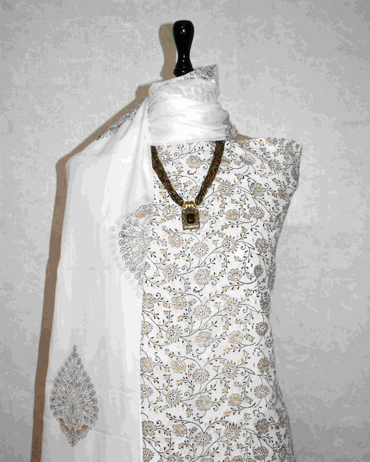 White All-over Floral Jaal Hand Block Printed Cotton Suit with Malmal Dupatta