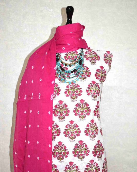 Pink Floral Buta Hand Block All-over Printed Cotton Suit with Bandej Malmal Dupatta