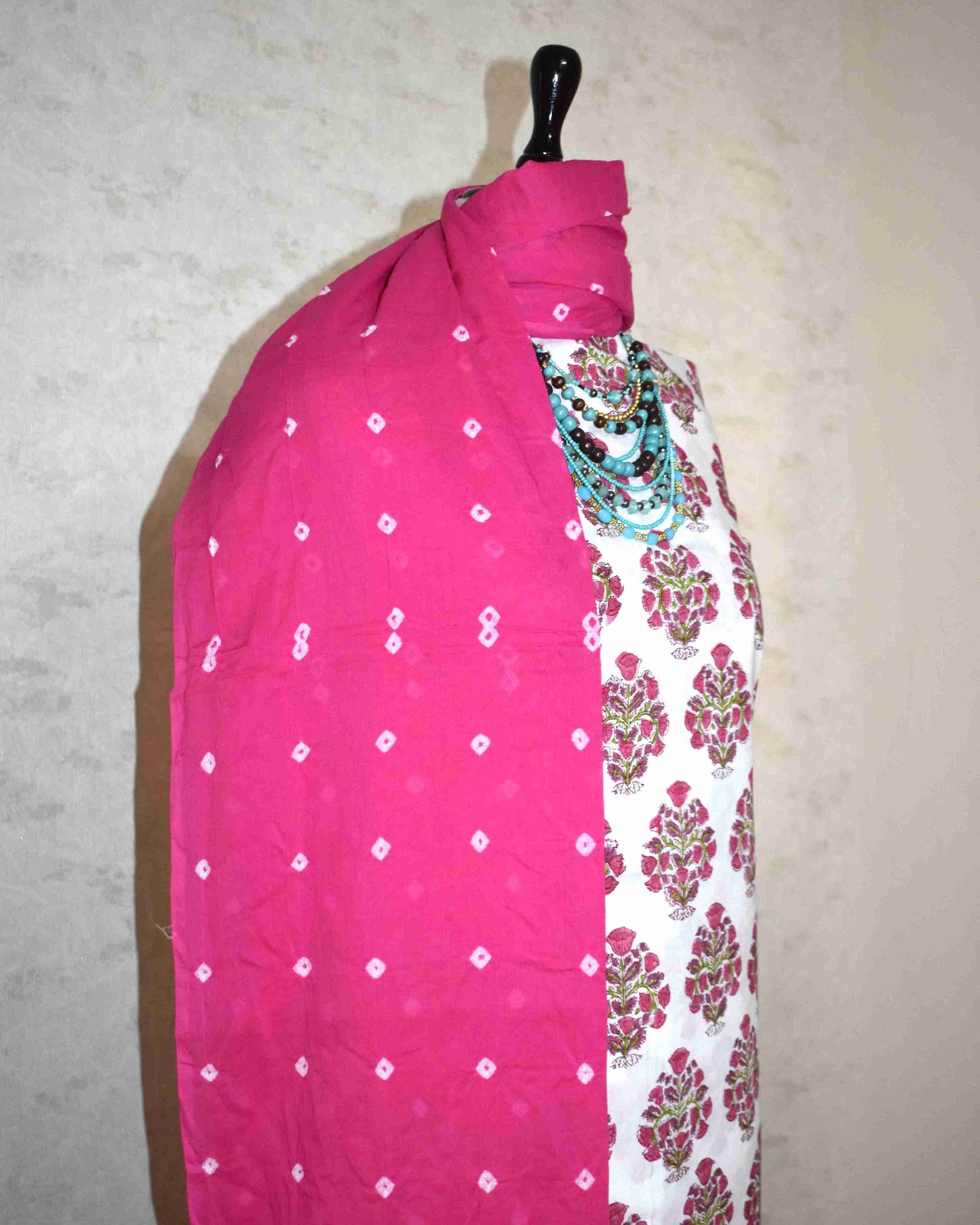 Pink Floral Buta Hand Block All-over Printed Cotton Suit with Bandej Malmal Dupatta