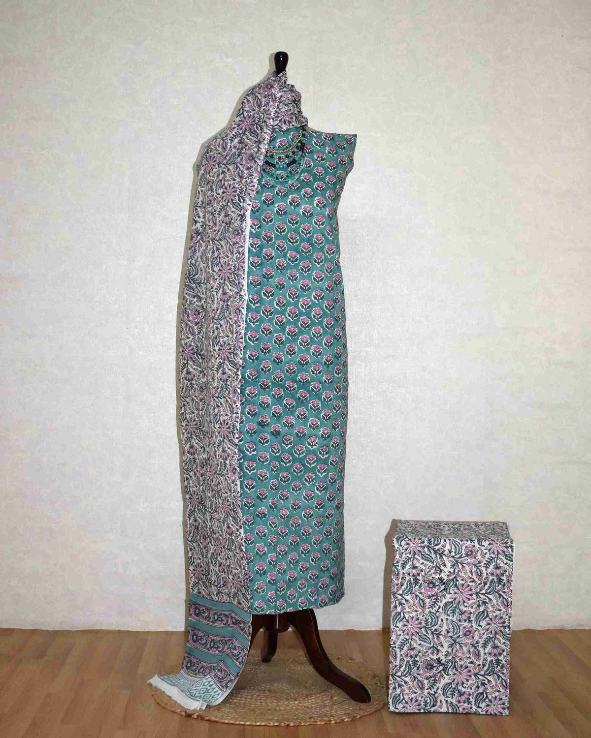 Blue Floral Buti Hand Block Printed Cotton Suit with Malmal Dupatta