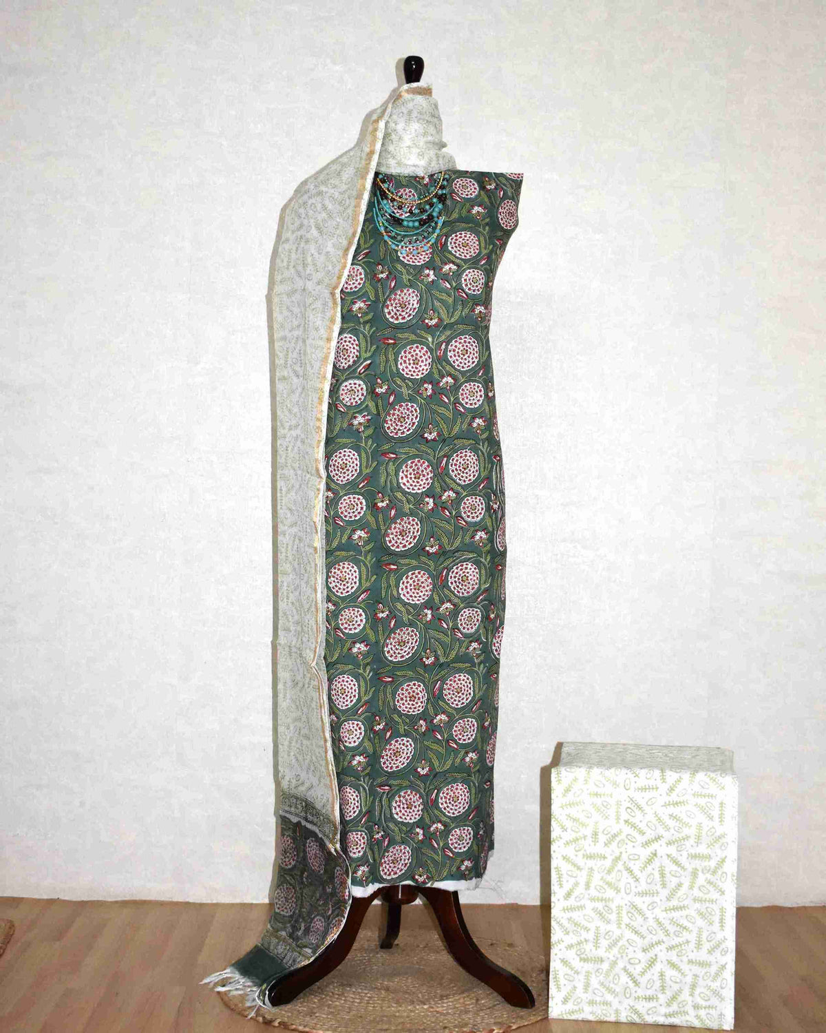All over Floral Jaal Hand Block Printed Cotton Suit With Kota Doria Dupatta