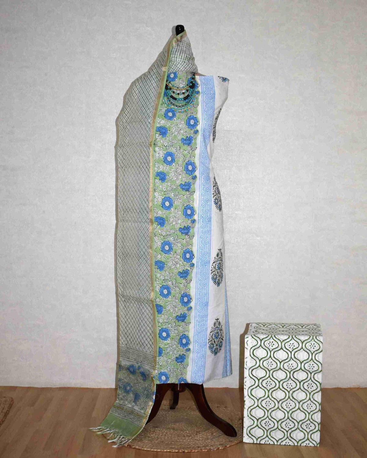 Mughal Floral Placement Hand Block Printed Cotton Suit With Kota Doria Dupatta