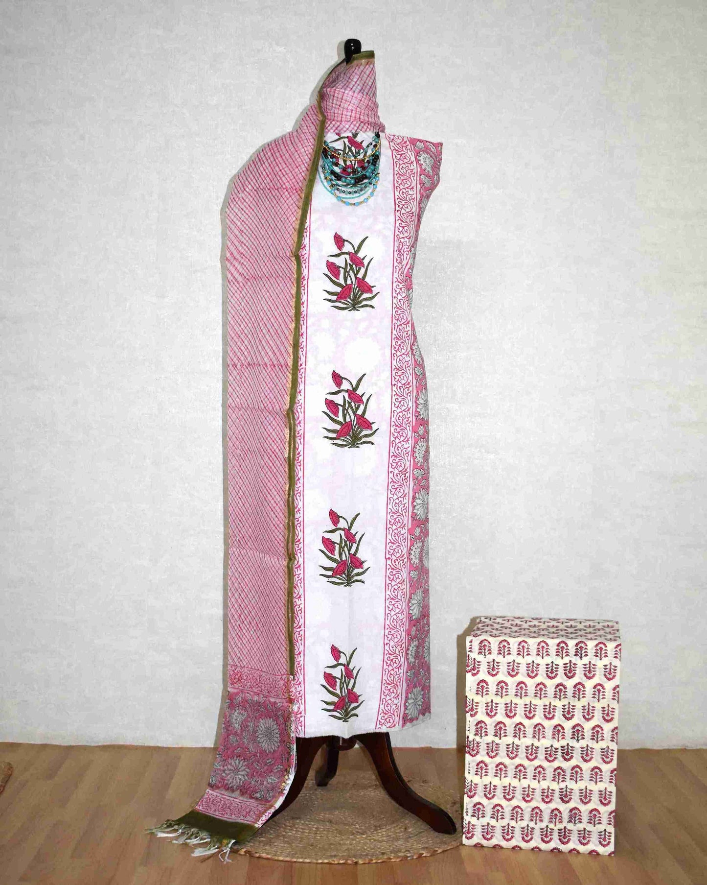 Pink Mughal Floral Placement Hand Block Printed Cotton Suit With Kota Doria Dupatta