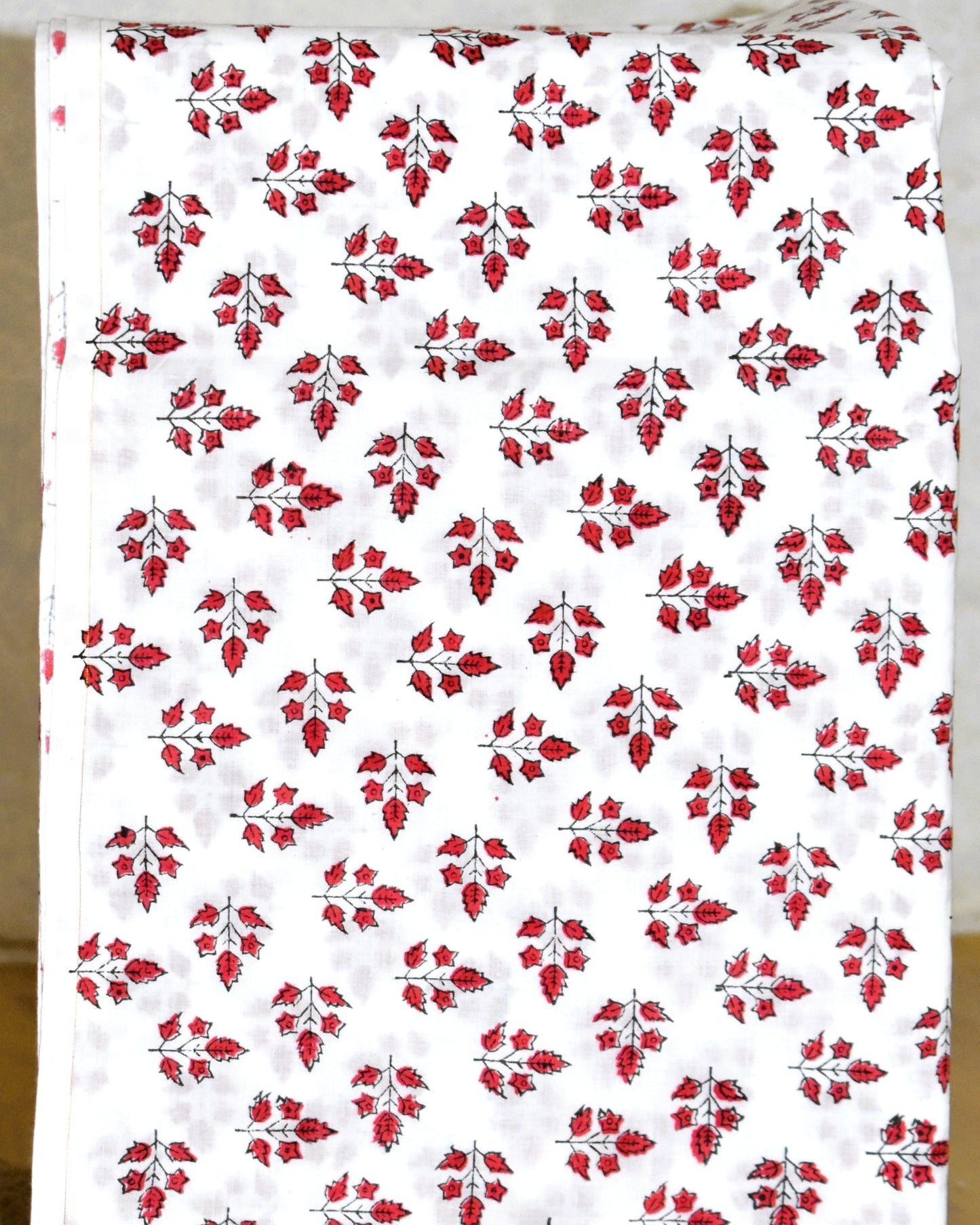 Hand Block Printed Premium Cotton Unstitched Suit with Red Floral Buta & Kota Doria Dupatta- Designer Edit