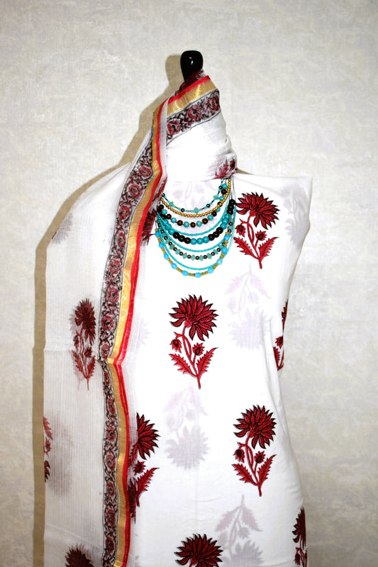 Hand Block Printed Premium Cotton Unstitched Suit with Red Floral Buta & Kota Doria Dupatta- Designer Edit