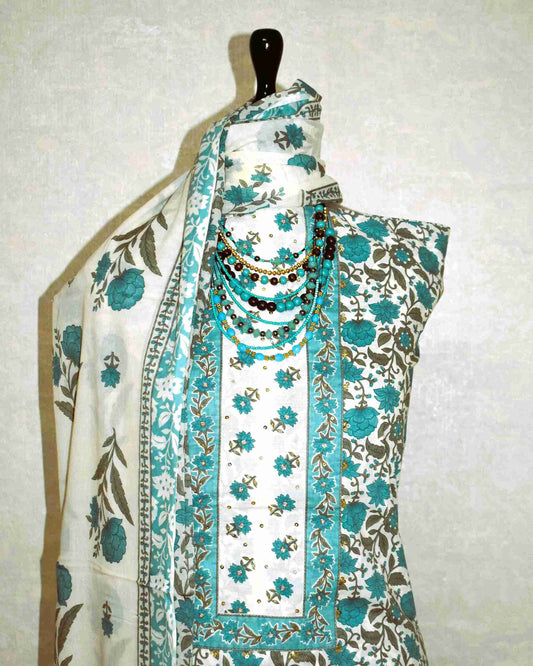 Teal Blue All-over Floral Hand Block Printed Cotton Suit with Neck Work and Malmal Dupatta