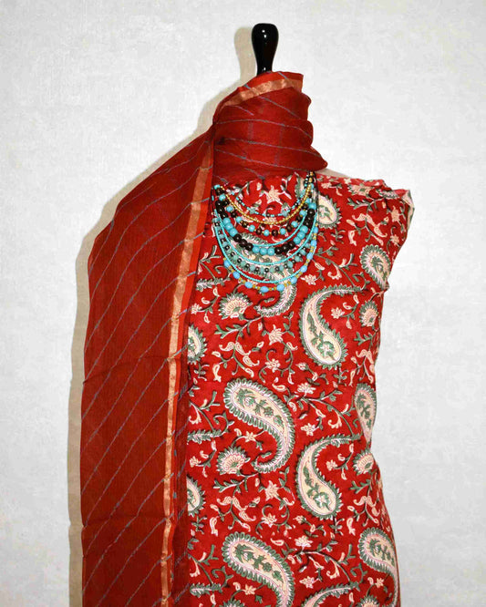 Red Paisley and Floral Hand Block Printed Cotton Suit with Kota Doria Lehriya Dupatta