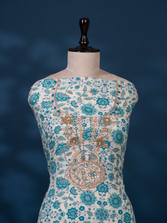 Hand Block Printed Cotton Suit with Gota Patti Hand Embroidery and Kota Doria Leheriya Dupatta