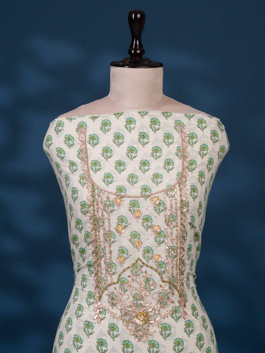 Hand Block Printed Cotton Suit with Gota Patti Hand Embroidery and Kota Doria Leheriya Dupatta