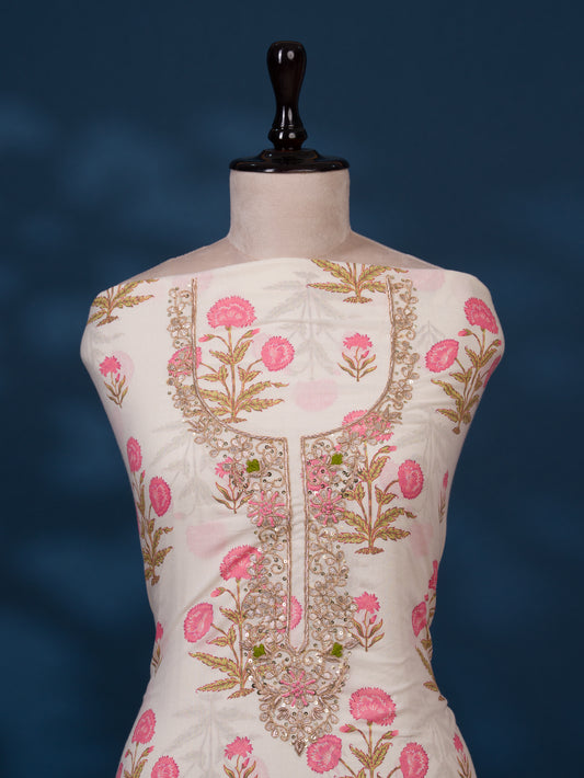 Hand Block Printed Cotton Suit with Gota Patti Hand Embroidery and Kota Doria Leheriya Dupatta
