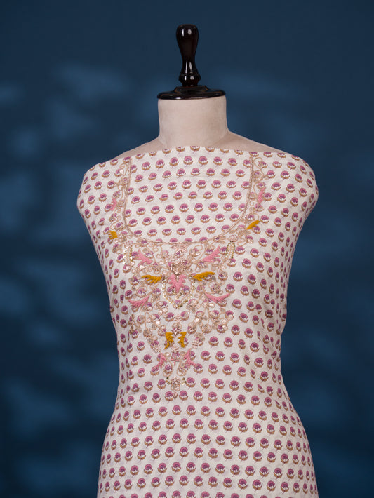 Hand Block Printed Cotton Suit with Gota Patti Hand Embroidery and Kota Doria Leheriya Dupatta