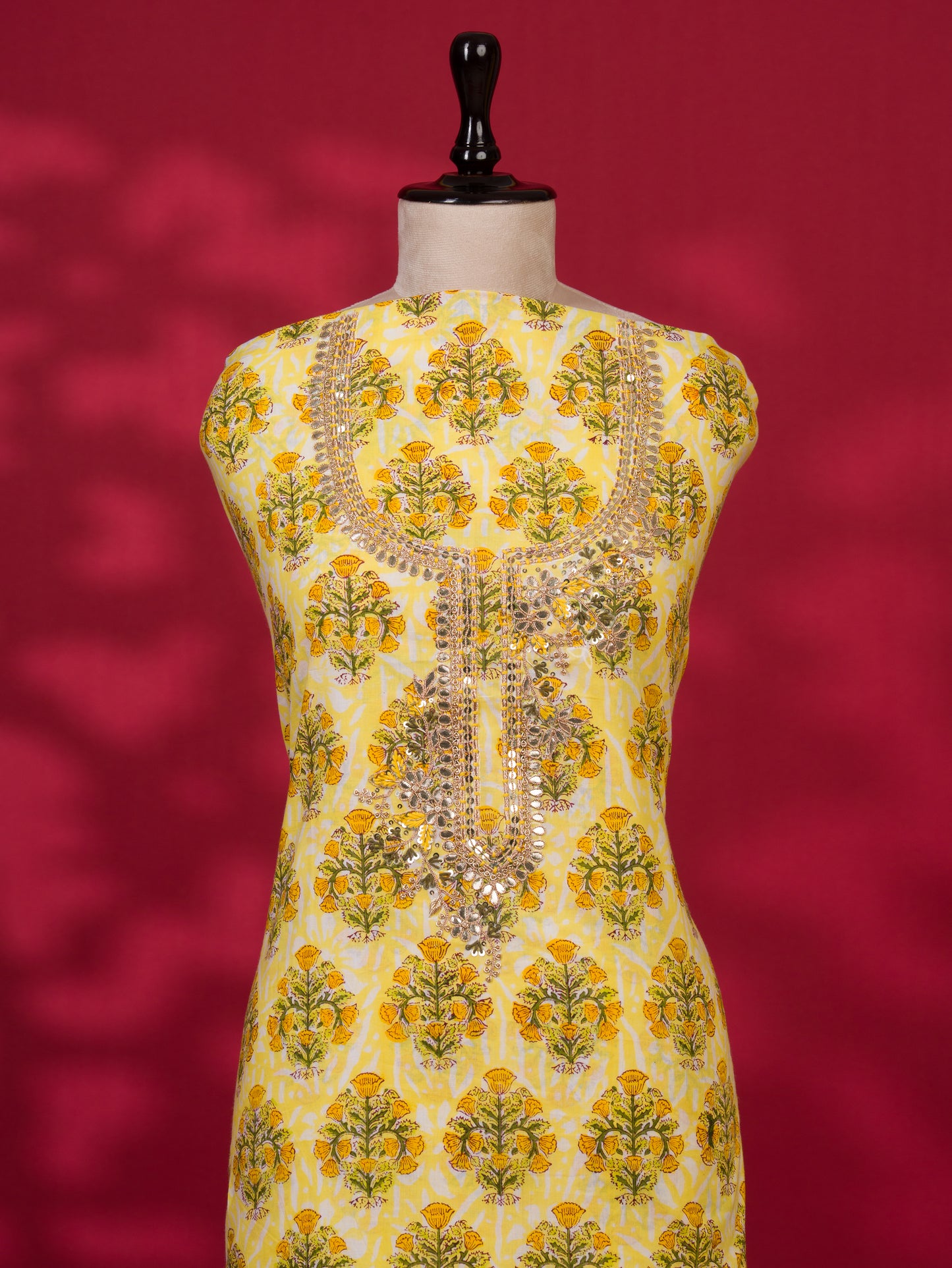 Hand Block Printed Cotton Suit with Gota Patti Hand Embroidery and Soft Malmal Dupatta