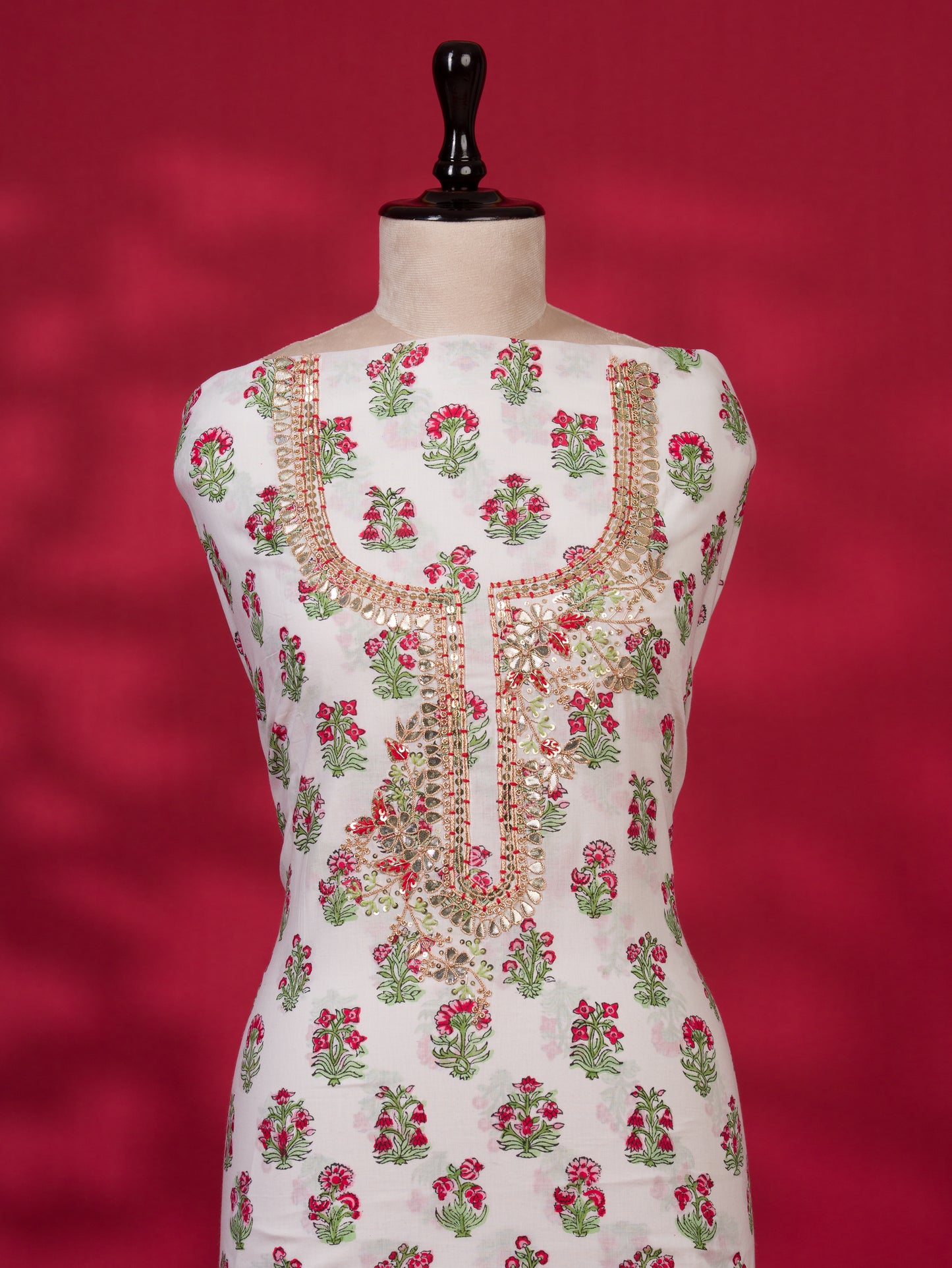 Hand Block Printed Cotton Suit with Gota Patti Hand Embroidery and Soft Malmal Dupatta