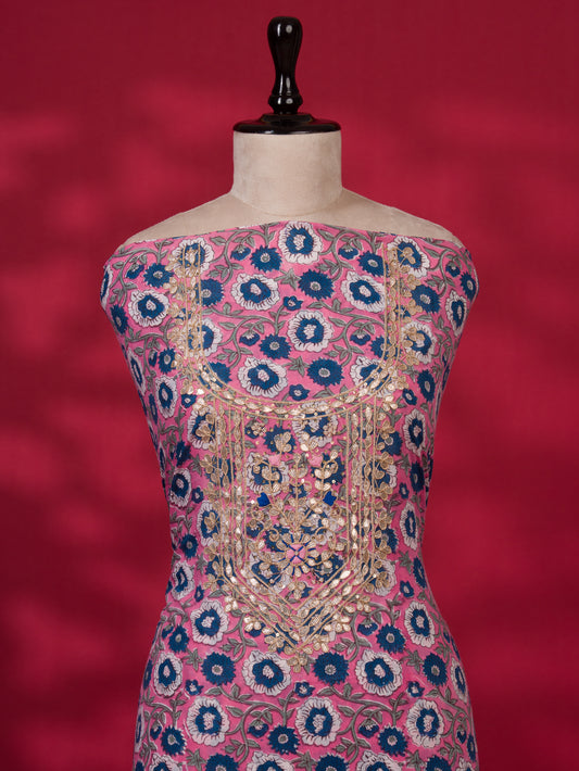 Hand Block Printed Cotton Suit with Gota Patti Hand Embroidery and Soft Malmal Dupatta