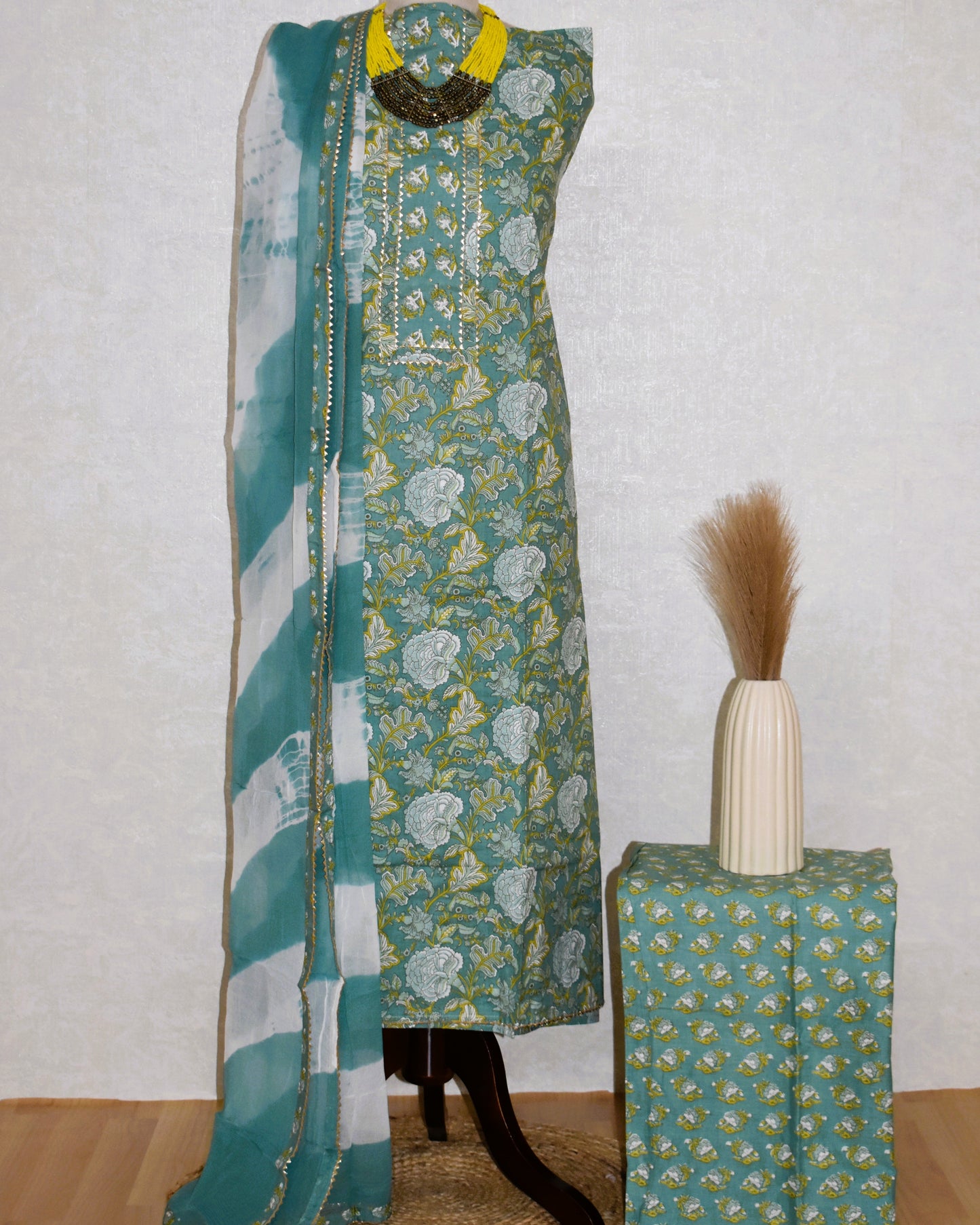Hand Block Printed Cotton Suit with Hand Embroidery and Pure Chiffon Dupatta
