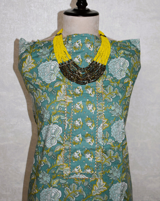 Hand Block Printed Cotton Suit with Hand Embroidery and Pure Chiffon Dupatta