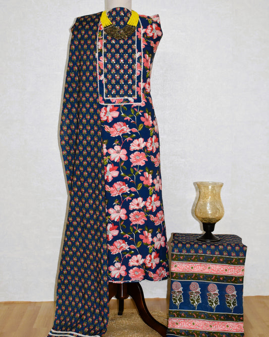 Hand Block Printed Cotton Suit with Hand Embroidery and Soft Malmal Dupatta