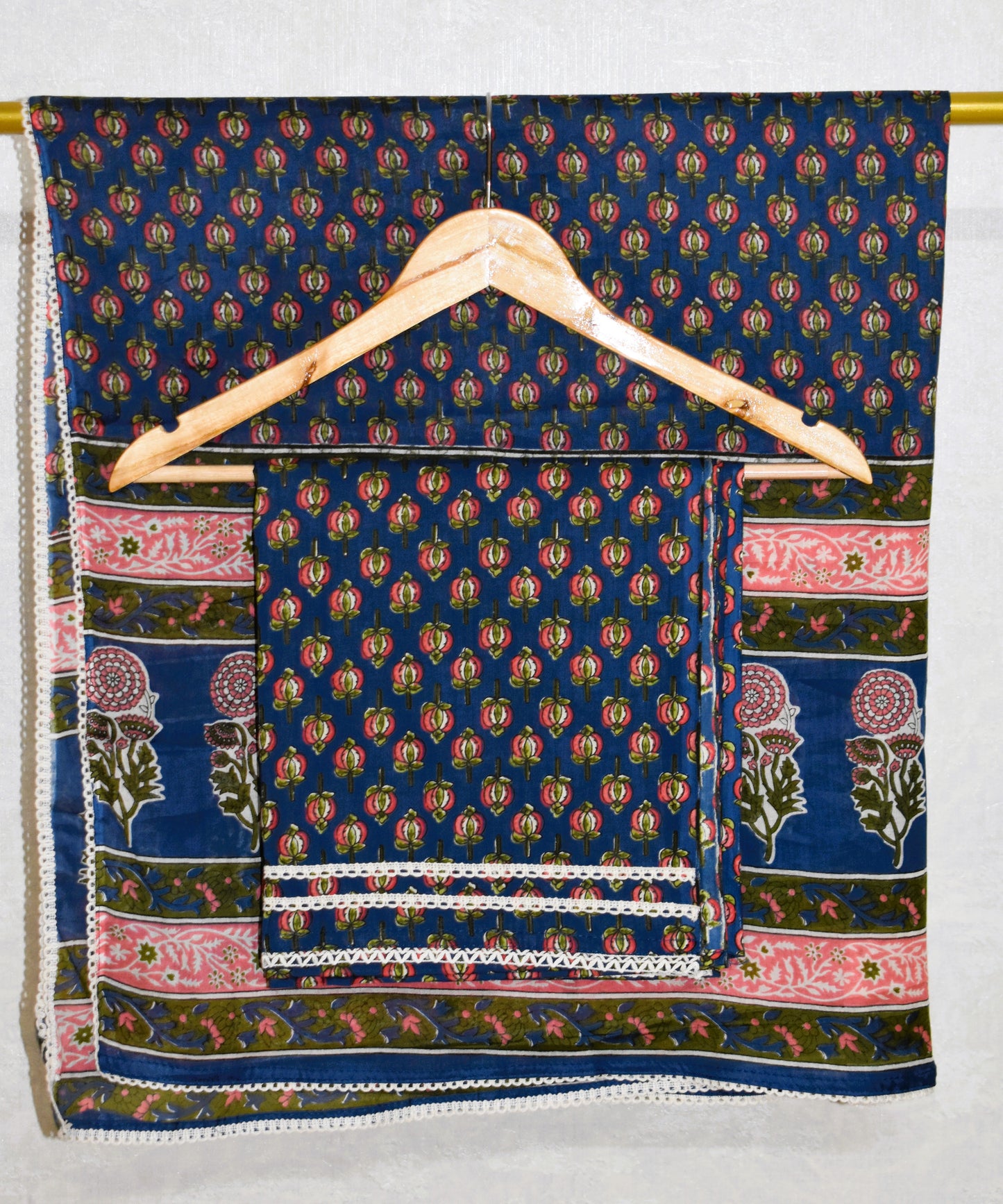 Hand Block Printed Cotton Suit with Hand Embroidery and Soft Malmal Dupatta