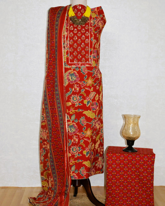 Hand Block Printed Cotton Suit with Hand Embroidery and Soft Malmal Dupatta
