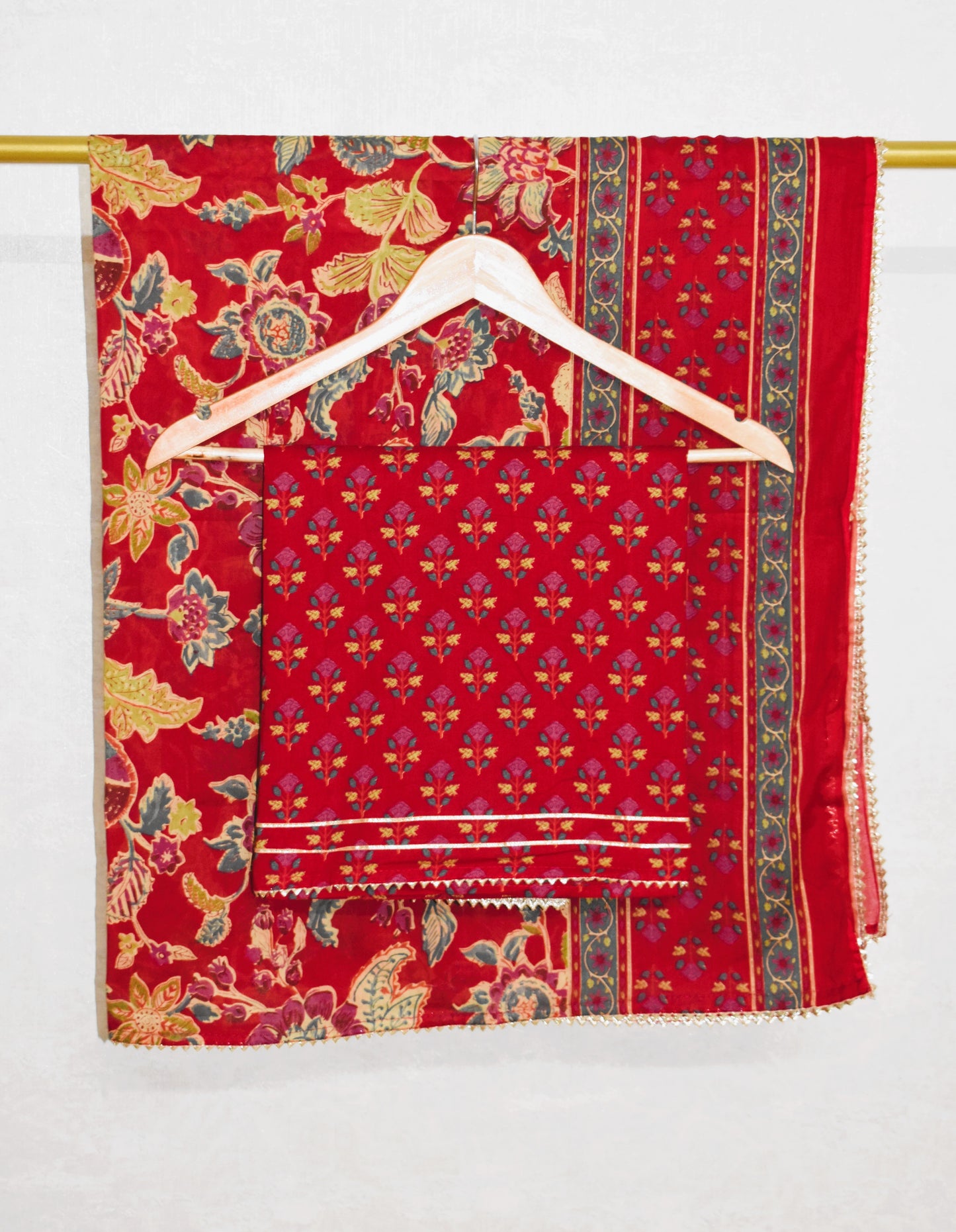 Hand Block Printed Cotton Suit with Hand Embroidery and Soft Malmal Dupatta