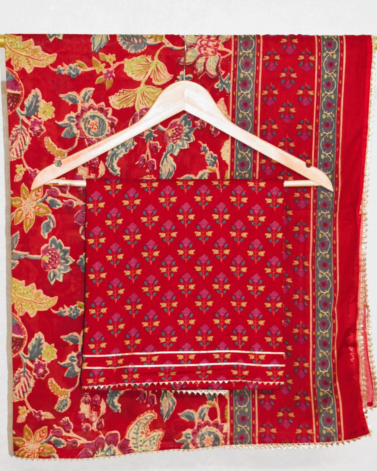 Hand Block Printed Cotton Suit with Hand Embroidery and Soft Malmal Dupatta