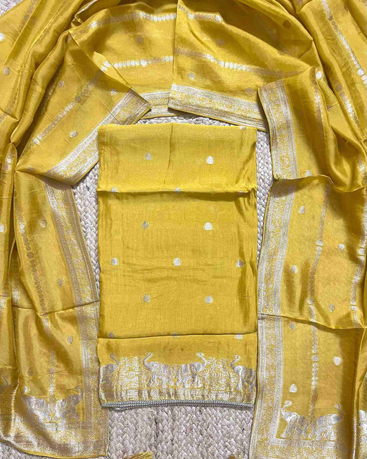 Premium Festive Woven Silk Jacquard Unstitched Suit Set - Golden Mustard