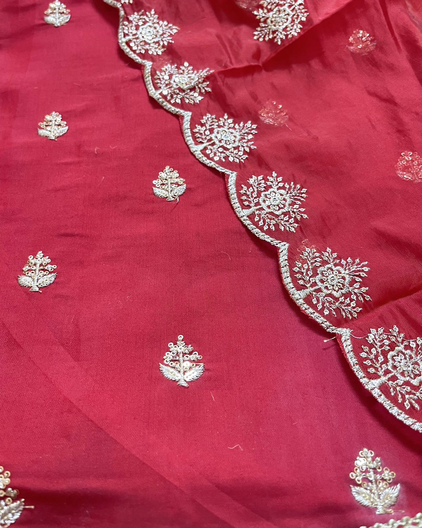 Premium Festive Embroidered Silk Unstitched Suit Set - Red