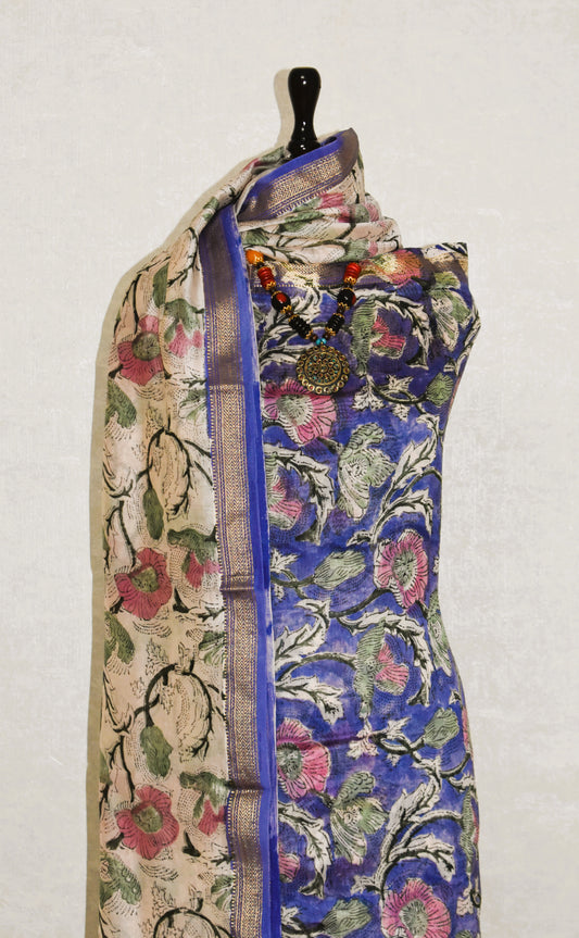 Sanganeri printed Maheshwari Silk Suit Set
