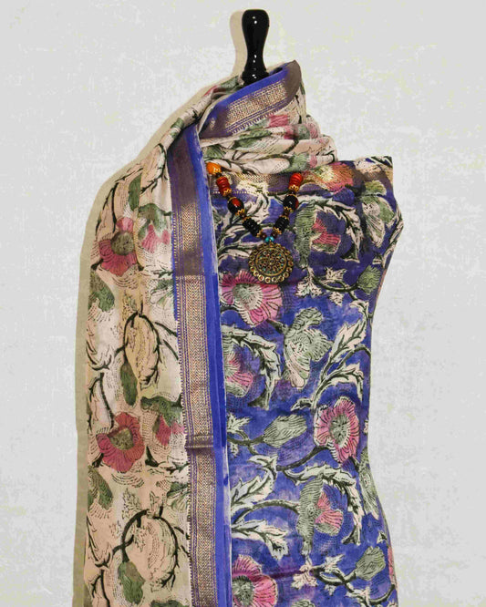 Sanganeri printed Maheshwari Silk Suit Set