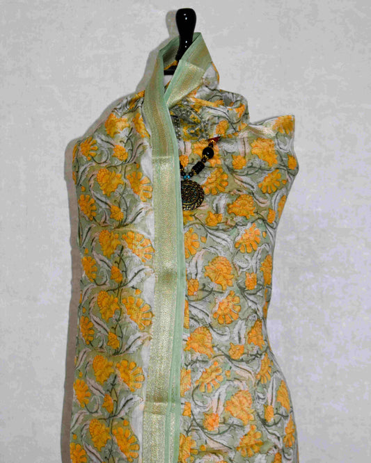 Sanganeri printed Maheshwari Silk Suit Set
