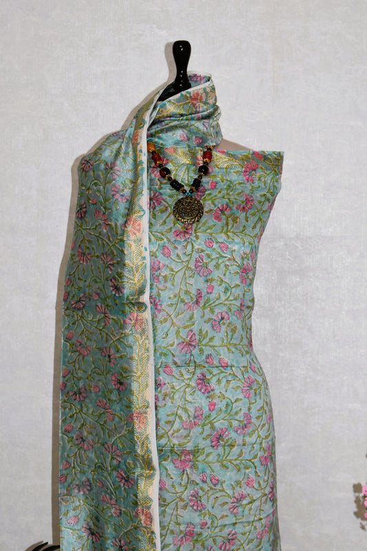 Sanganeri printed Maheshwari Silk Suit Set