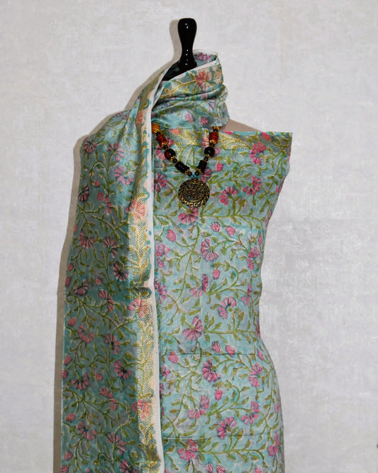 Sanganeri printed Maheshwari Silk Suit Set