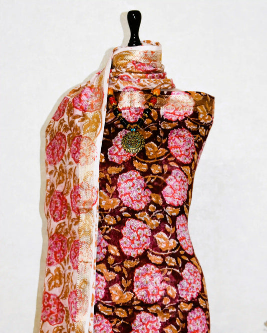 Sanganeri printed Maheshwari Silk Suit Set