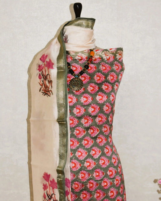 Sanganeri Red Buti printed Maheshwari Silk Suit Set