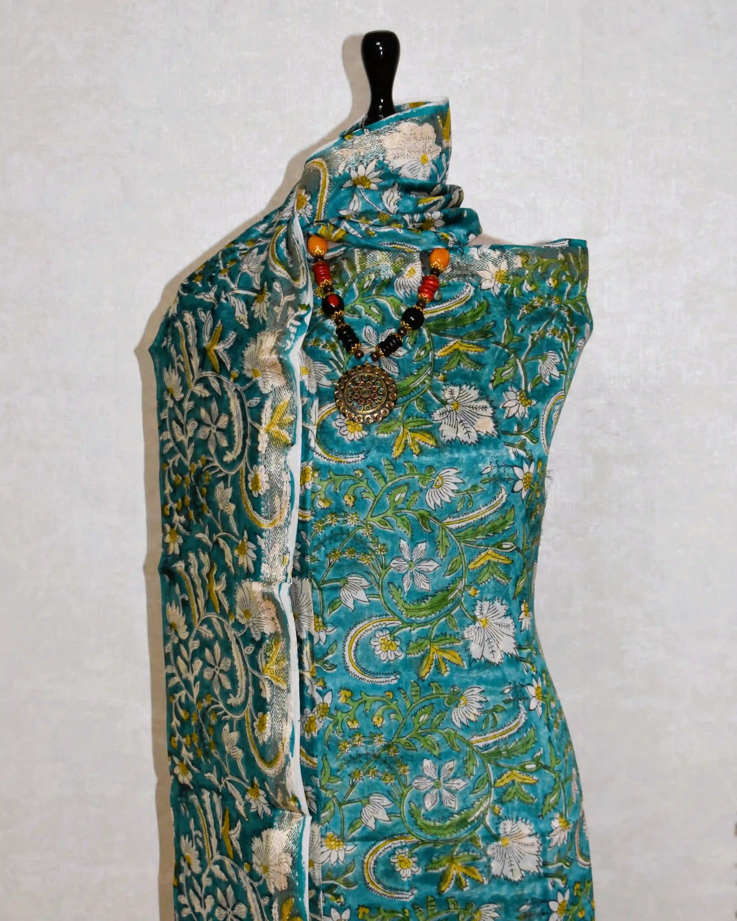 Blue-Green All-over Floral Sanganeri printed Maheshwari Silk Suit Set