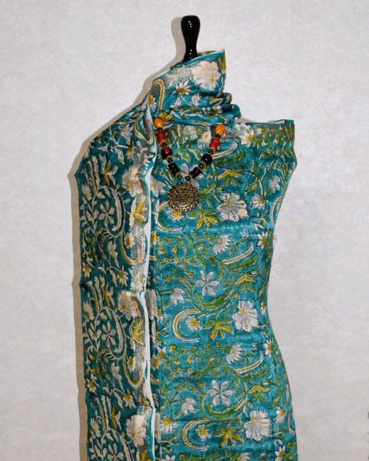 Blue-Green All-over Floral Sanganeri printed Maheshwari Silk Suit Set