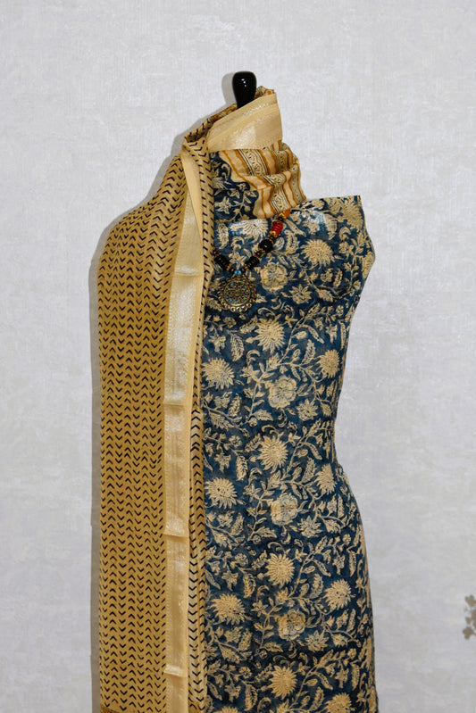 Mud-toned Sanganeri Floral print on Blue-Green Maheshwari Silk Suit Set