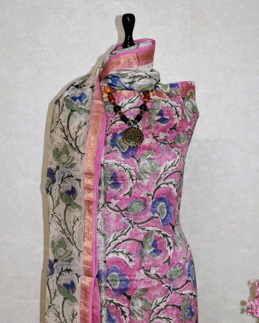 Dusty Pink Sanganeri Floral print Maheshwari Silk Suit Set