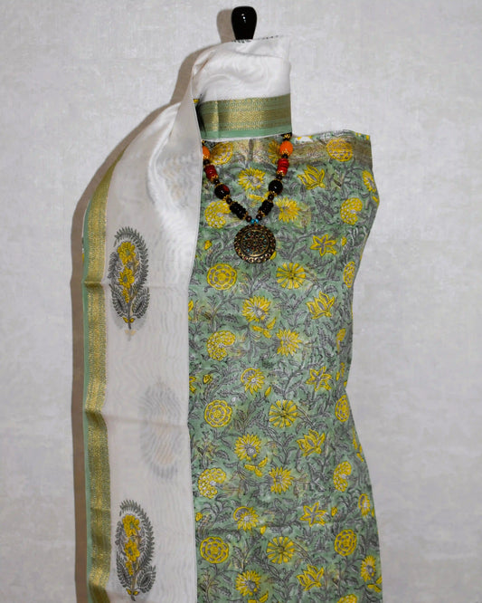Leafy Green Sanganeri Floral print Maheshwari Silk Suit Set