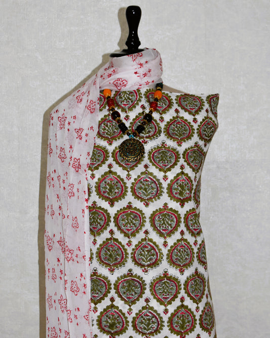 FLoral Spade Hand Block Printed Cotton Suit With Pure Chiffon Dupatta