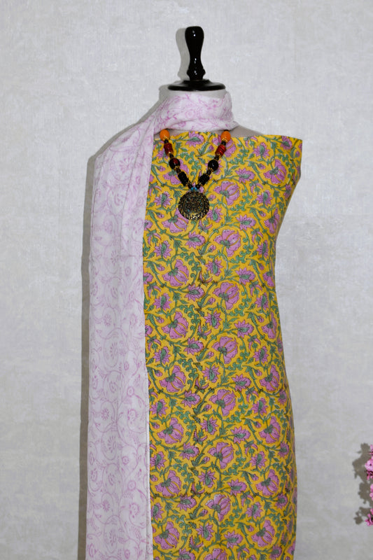 Pink FLoral Hand Block Printed Cotton Suit With Pure Chiffon Dupatta